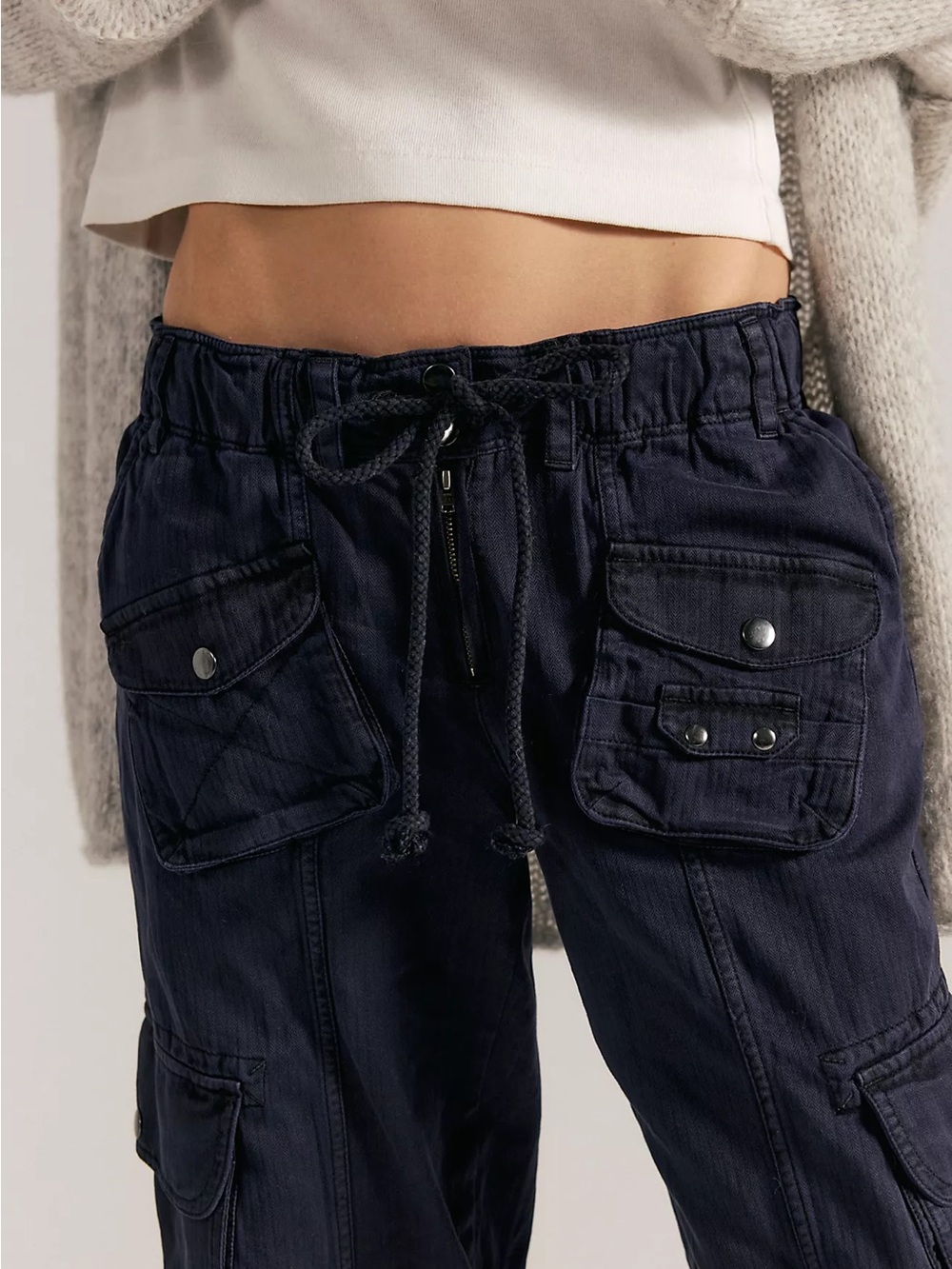 Free People Tahiti Cargo Pants Black Utility Drawstring Relaxed Fit S - Picture 2 of 12